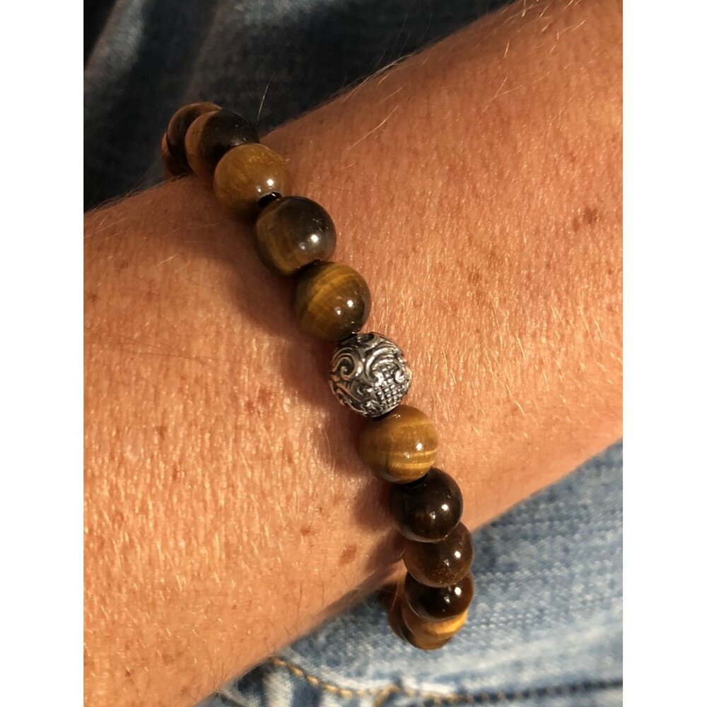 David Yurman Spiritual Bead Bracelet Tiger's Eye w/Silver Wave Bead 925 8”L Mint